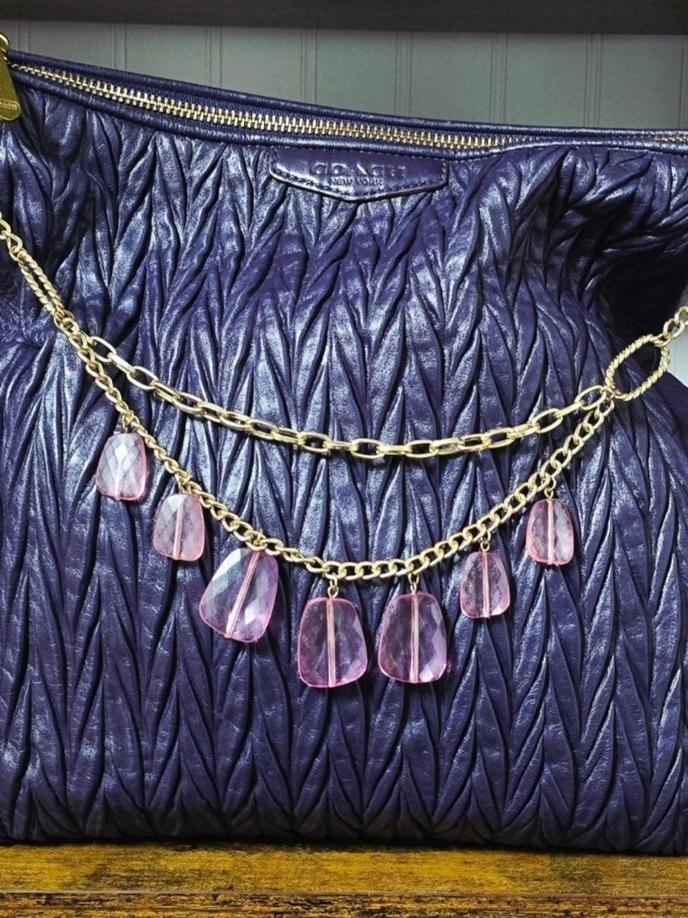 Coach Metallic Purple Gathered Leather Shoulder Bag with Pink Charm Chain